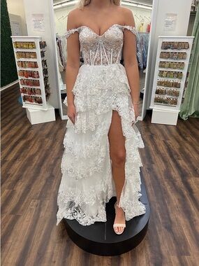 Sherri Hill White Off-Shoulder Lace Tiered Evening Gown with High Slit